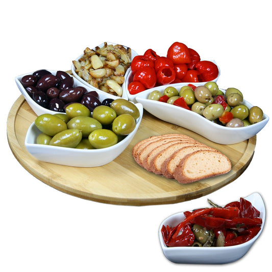 Elama Signature Modern 13.5 Inch 7pc Lazy Susan Appetizer and Condiment Server Set with 6 Unique Design Serving Dishes and a Bamboo Lazy Suzan Serving Tray - Galactic capuchin