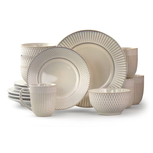 Elama Market Finds 16 Piece Round Stoneware Dinnerware Set in Embossed White - Galactic capuchin