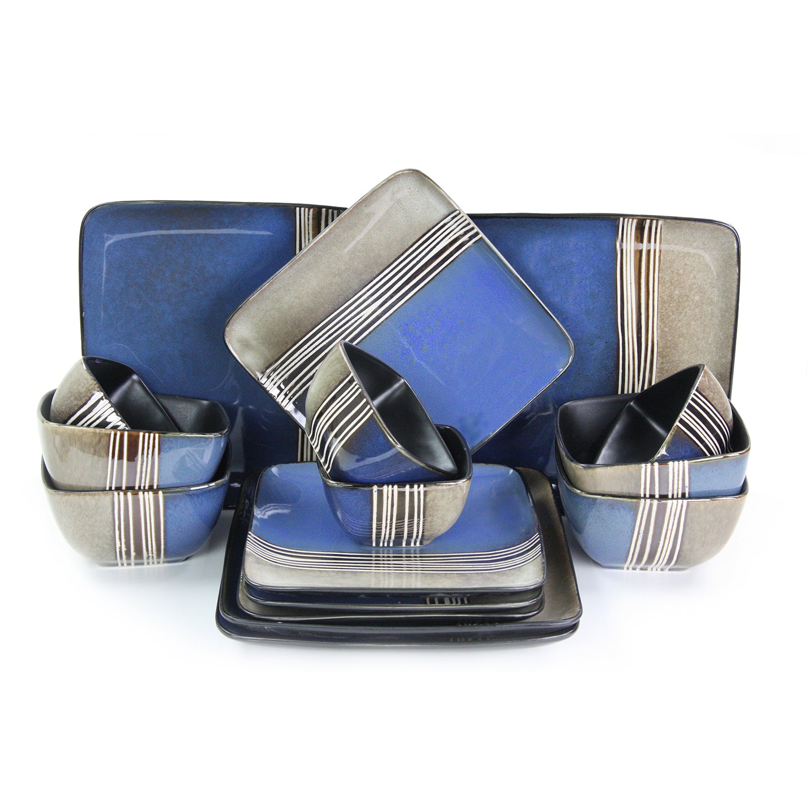 Elama Uptown Loft 16 Piece Double Bowl Stoneware Dinnerware Set with Service for 4 - Galactic capuchin