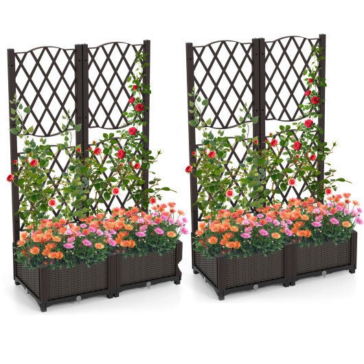 Set of 2 PE Rattan Raised Garden Bed with Trellis Planter Box for Climbing Plants - Rustic Brown - Galactic capuchin
