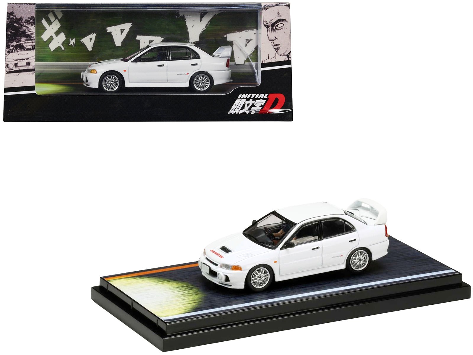 Mitsubishi Lancer RS Evolution IV RHD (Right Hand Drive) White "Monstar" with Seiji Iwaki Driver Figure "Initial D" (1995 - 2013) Manga 1/64 Diecast Model Car by Hobby Japan - Galactic capuchin