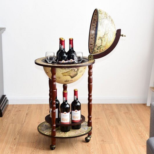 17 Inch Italian Style Design Wooden Globe Liquor Bottle Wine Rack with Wheels - Galactic capuchin