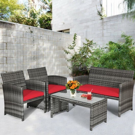 4 Pieces Patio Rattan Furniture Set with Cushions - Red - Color: Red - Galactic capuchin