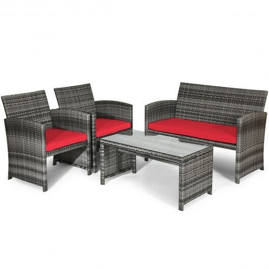 4 Pieces Patio Rattan Furniture Set with Cushions - Red - Color: Red - Galactic capuchin