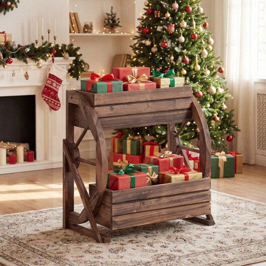 2 - tier Raised Garden Bed Rustic Wood Wagon Planter with Drainage Holes and Semi - wheels - Coffee - Galactic capuchin