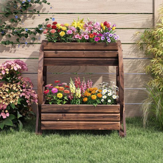 2 - tier Raised Garden Bed Rustic Wood Wagon Planter with Drainage Holes and Semi - wheels - Coffee - Galactic capuchin