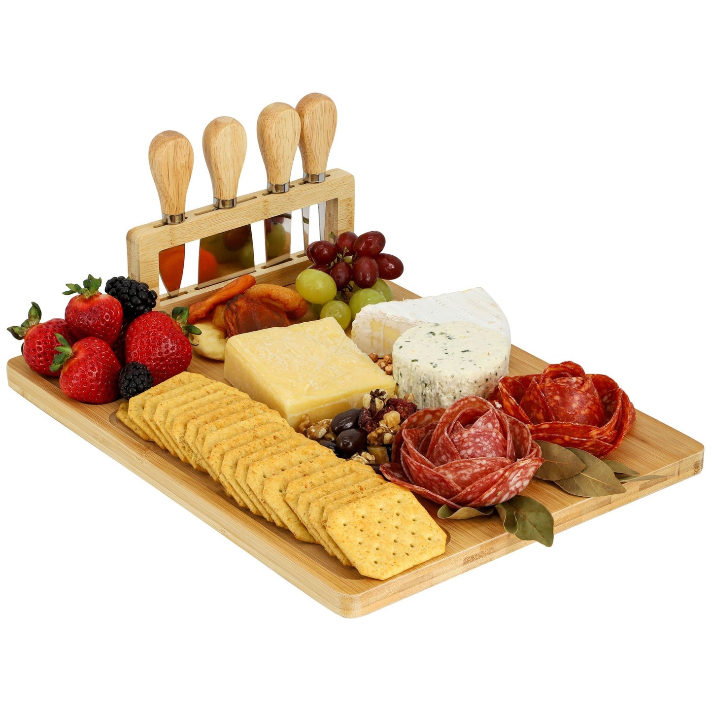 MegaChef Bamboo Charcuterie and Cheese Board with Knife Stand Attachment and 4 Piece Knife Set - Galactic capuchin