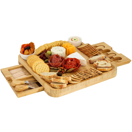 MegaChef Bamboo Charcuterie Cheese Board Set with Ramekins and Slide Out Cutlery Drawer - Galactic capuchin