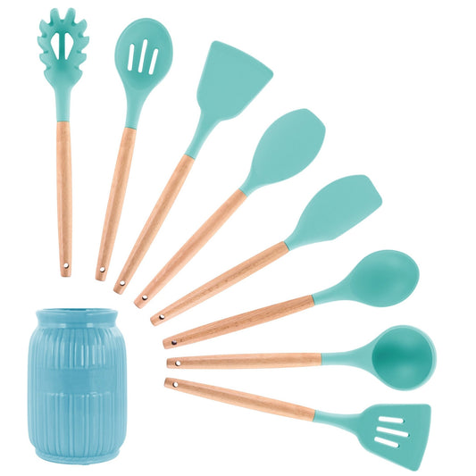 MegaChef Light Teal Silicone and Wood Cooking Utensils, Set of 9 - Galactic capuchin