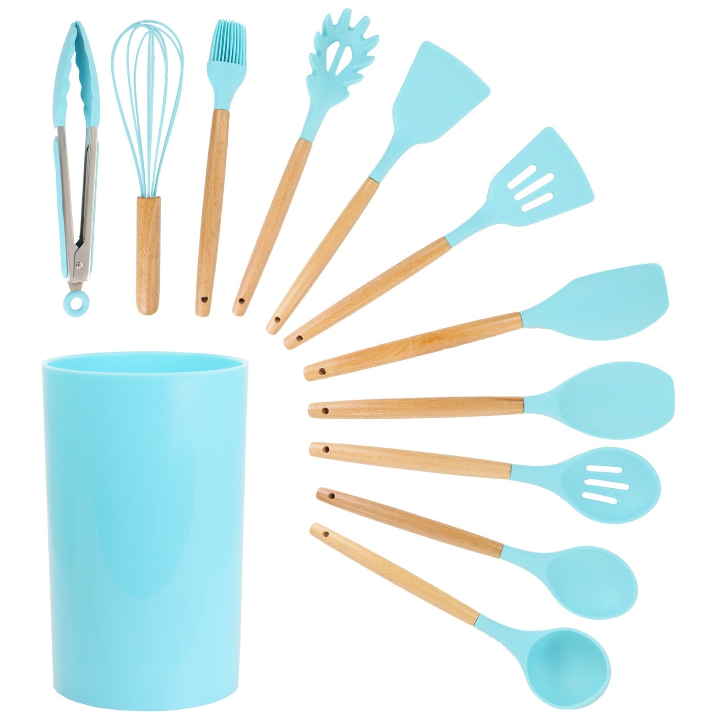 MegaChef Light Teal Silicone and Wood Cooking Utensils, Set of 12 - Galactic capuchin