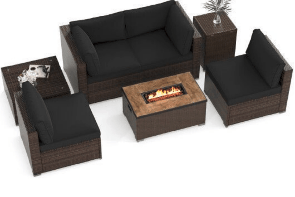 7 Pieces Outdoor Furniture Set with 32 Inch Fire Pit Table and Propane Tank Cover-Black - Color: Black - Galactic capuchin