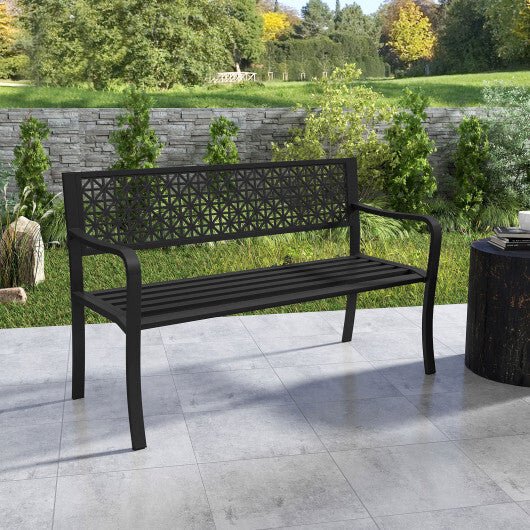 50 Inch Garden Bench with Patterned Backrest and Curved Armrests for 2 - 3 Person - Black - Galactic capuchin