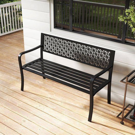 50 Inch Garden Bench with Patterned Backrest and Curved Armrests for 2 - 3 Person - Black - Galactic capuchin