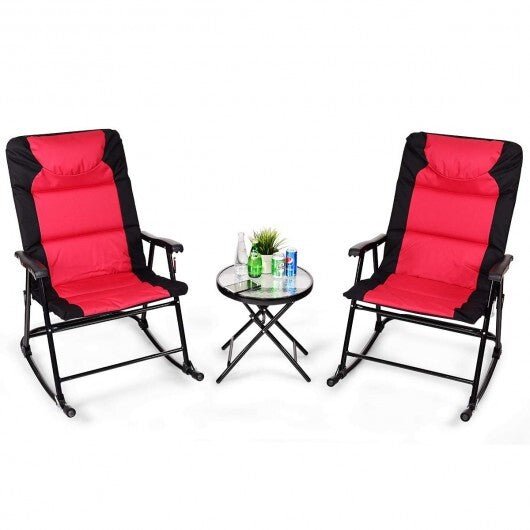 3 Pcs Outdoor Folding Rocking Chair Table Set with Cushion - Black&Red - Color: Red - Galactic capuchin