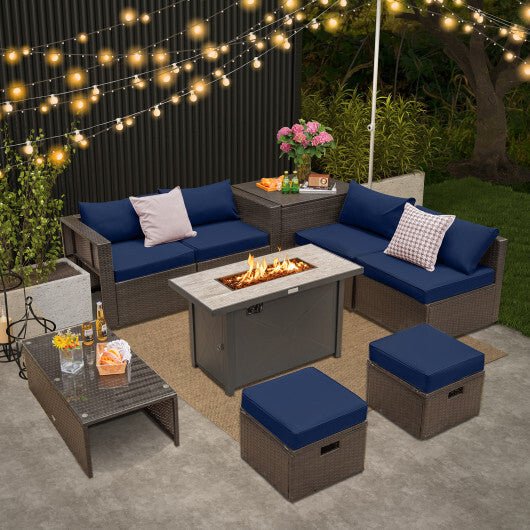 9 Pieces Outdoor Patio Furniture Set with 42 Inch Propane Fire Pit Table - Navy - Color: Navy - Galactic capuchin