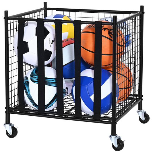 Rolling Sports Ball Storage Cart, Lockable Basketball Cage with Elastic Straps, Sport Equipment Holder Organizer for Indoor Outdoor, Steel Storage Rack for Garages, Playgroup, Gym and Schools - Galactic capuchin