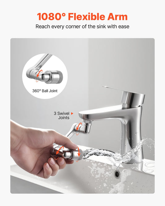 1080? Swivel Faucet Extender, 2 Sprayer Modes Sink Water Faucet Aerator Extension, Kitchen Bathroom Rotatable Spray Attachment with Brass Robotic Arm, Rotating Splash Filter Wash Hand/Hair/Face - Galactic capuchin