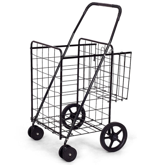 Folding Shopping Cart for Laundry with Swiveling Wheels and Dual Storage Baskets - Black - Color: Black - Galactic capuchin