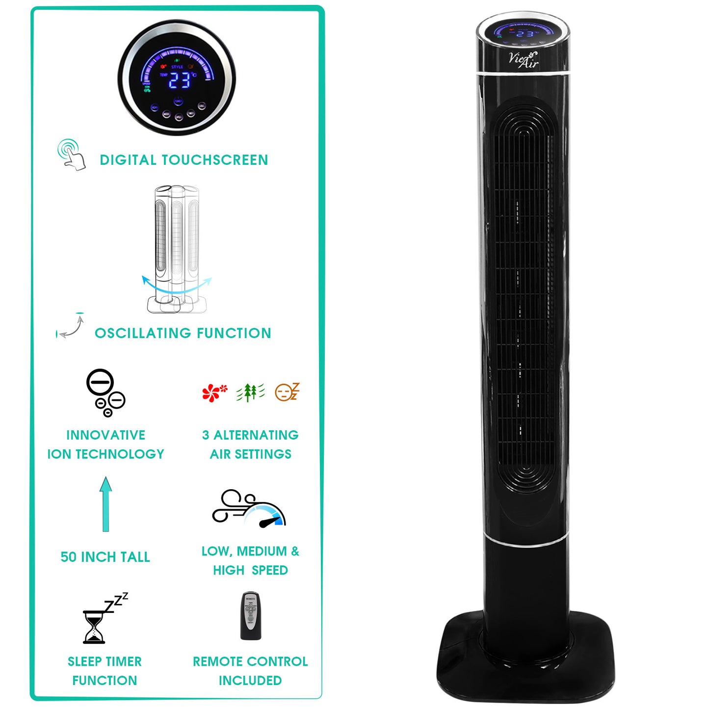 Vie Air 50 Inch Luxury Digital 3 Speed High Velocity Tower Fan with Fresh Air Ionizer and Remote Control in Black - Galactic capuchin