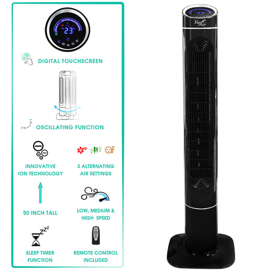 Vie Air 50 Inch Luxury Digital 3 Speed High Velocity Tower Fan with Fresh Air Ionizer and Remote Control in Black - Galactic capuchin