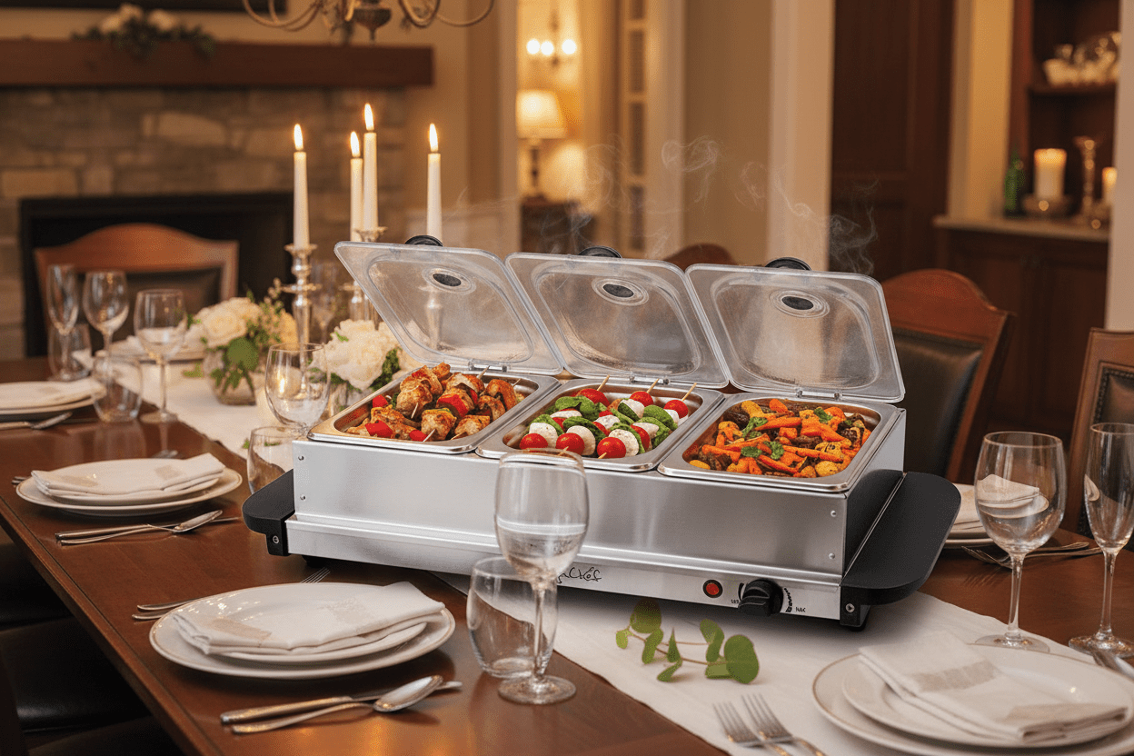 MegaChef Buffet Server & Food Warmer With 3 Removable Sectional Trays , Heated Warming Tray and Removable Tray Frame - Galactic capuchin