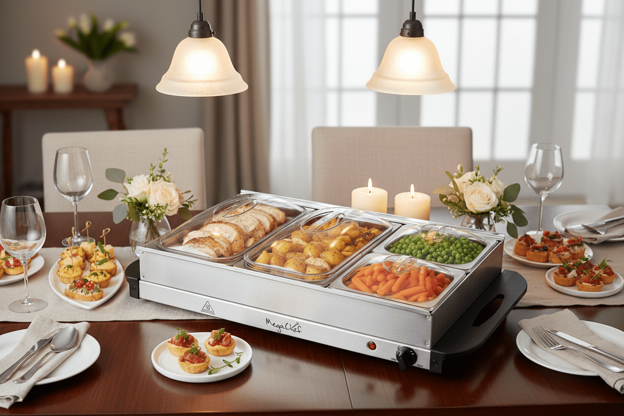 MegaChef Buffet Server & Food Warmer With 4 Removable Sectional Trays , Heated Warming Tray and Removable Tray Frame - Galactic capuchin
